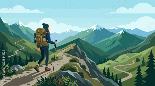 A lone hiker with a backpack and trekking poles walks along a mountain ridge.