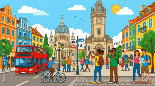 Diverse group of tourists exploring a vibrant European city street.