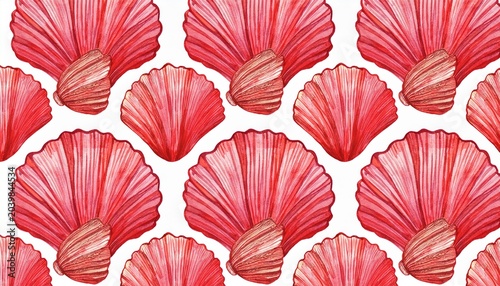 watercolor seashell red scallop seamless pattern on white background repeating marine surface design with natural texture for textile packaging branding stationery and coastal business products