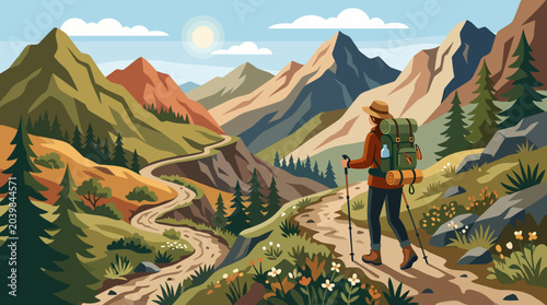 Hiker with backpack and trekking pole on a mountain trail.