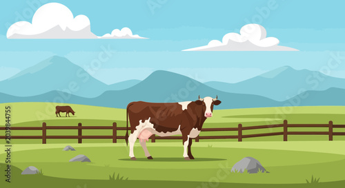 Quadro su tela Brown and white cow grazing in a green pasture with mountains and fence in backg