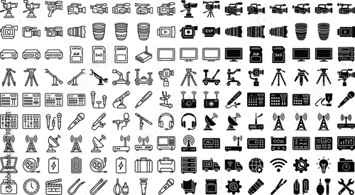 Television Broadcast and Audio Production Icon Mega Collection with Cameras, Microphones, Satellite Dishes, Antennas, and Media Tools for Studio Branding Layouts
