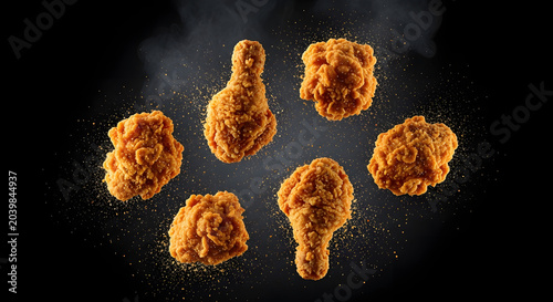 Crispy fried chicken nuggets flying with exploding red pepper spices and herbs on a black background.