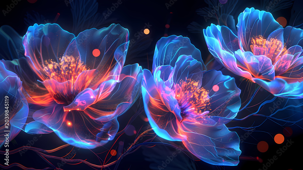 Obraz premium Bioluminescent flower blooming with beautifully transparent petals radiating natural bioluminescence, bokeh light particles surround flower enhancing bioluminescent atmosphere.