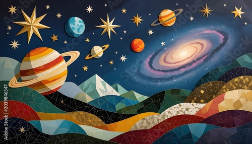 cosmic scene featuring planets and a galaxy over a geometric mountain landscape