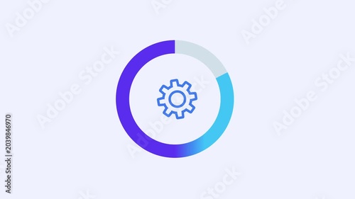Animated circular settings progress indicator with gear icon and gradient loading ring. Clean flat motion graphic for system configuration, software setup, processing status, and digital workflow conc
