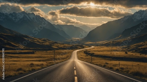 Empty scenic highway disappearing into the horizon, surrounded by stunning nature — perfect for travel and adventure concepts.