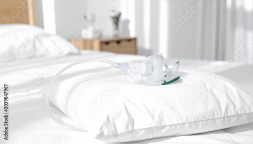 Medical breathing apparatus with clear tubing resting on a white pillow in a clean bedroom setting.