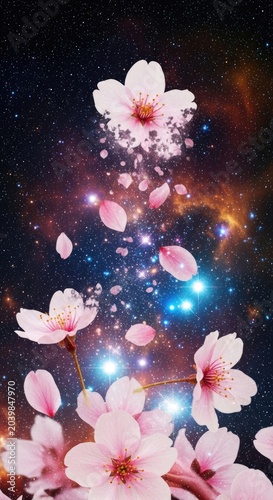 Beautiful Cherry Blossom Flowers Floating in the Galaxy with Sparkling Stars.