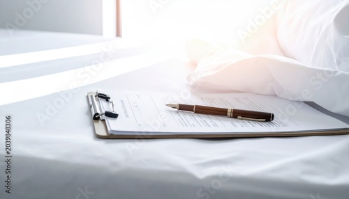 Medical clipboard with a partially filled patient chart and a pen on a desk