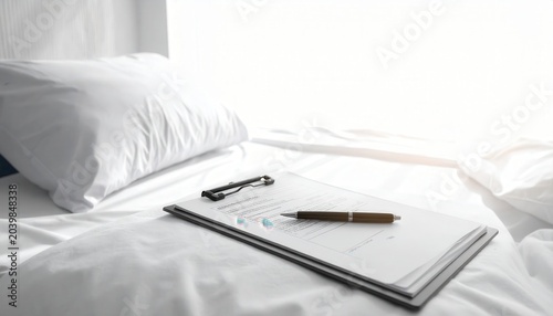 Medical clipboard with a patient chart and pen on a bed, prepared for documentation and care