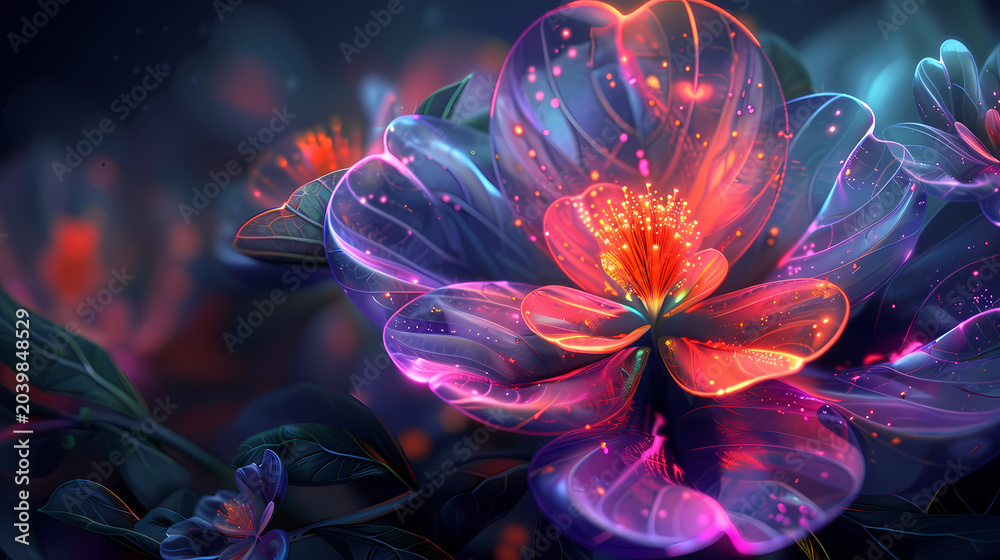 Obraz premium Vibrant gradient neon flower featuring futuristic neon glow across vibrant gradient colored petals, neon glow intensifies gradient colors creating visually dynamic floral design.