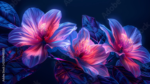 Vibrant gradient neon flower featuring futuristic neon glow across vibrant gradient colored petals, dark background enhances both neon glow and vibrant gradient of futuristic bloom.