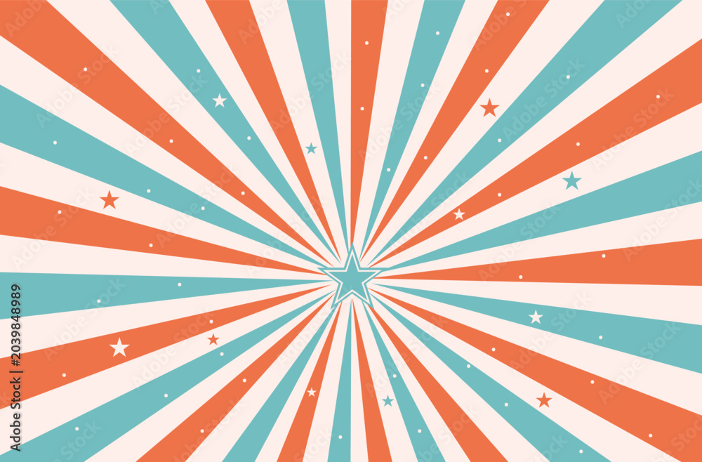 Fototapeta premium Retro sunburst background with central star and radial rays. Vintage abstract sunburst texture in nostalgic circus colors