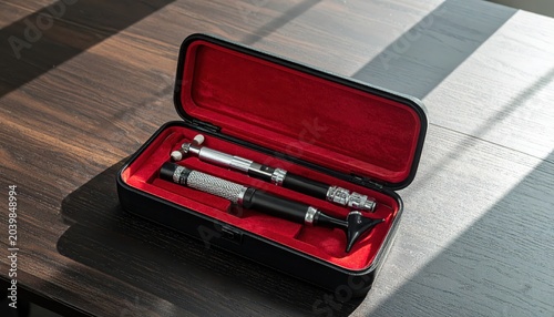 Medical Diagnostic Instruments: Otoscope and Ophthalmoscope Set in a Lined Black Carrying Case