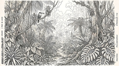 Dense tropical jungle with rich vegetation and a narrow path through the greenery.
