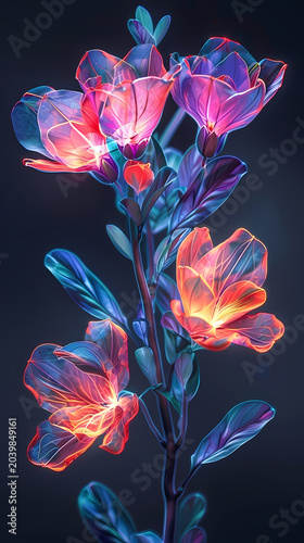 Glowing botanical illustration presenting botanical illustration with vibrantly glowing neon petals and stems, dark background makes every glowing botanical element stand out brilliantly.