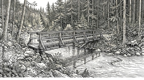 Forest bridge spanning a rocky stream in a tranquil mountain woodland.
