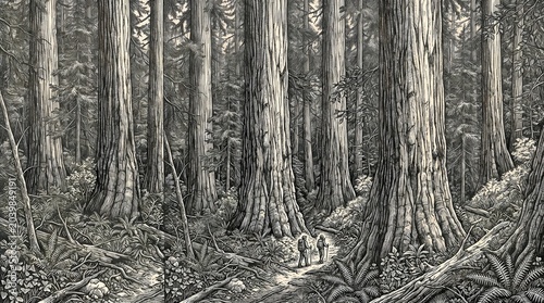 Tall forest trees packed closely together, creating a textured woodland wall.
