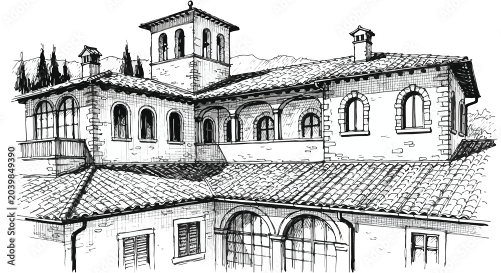 Fototapeta premium Hand Drawn Mediterranean Villa Architecture Vector Illustration Sketch