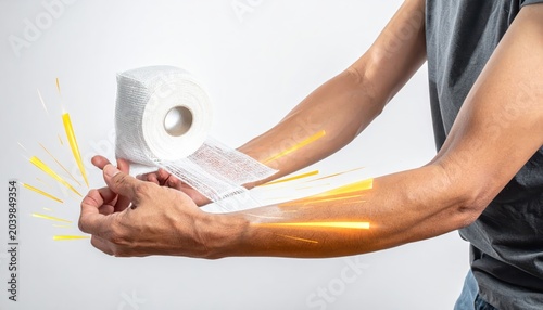 Medical elastic compression bandage roll being applied to a simulated arm for injury support and treatment
