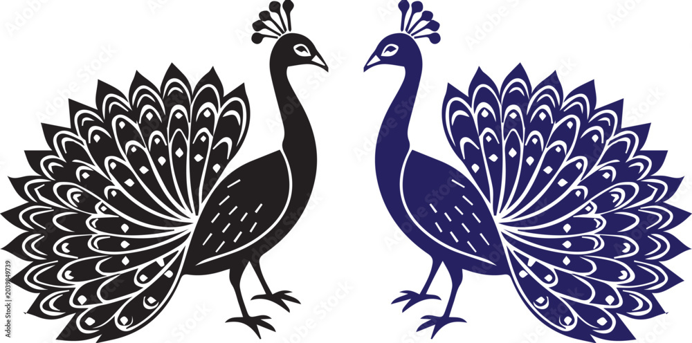 Fototapeta premium Black and purple peacocks standing side by side