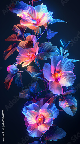 Luminous floral composition composed with soft luminous glow along every petal edge in gentle floral art, delicate edge lighting of petals creates three-dimensional luminous effect.