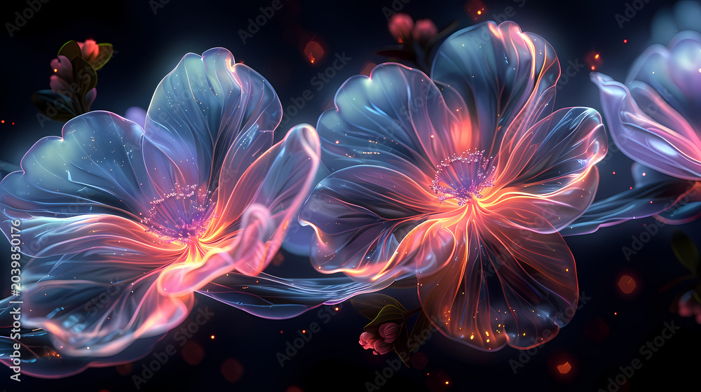 Obraz premium Luminous floral composition revealing soft glowing edge light that traces every petal in luminous bloom, soft luminous edge glow creates gentle and romantic floral atmosphere.