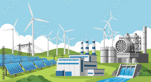 Foto Sustainable energy landscape with wind turbines, solar panels, and hydroelectric