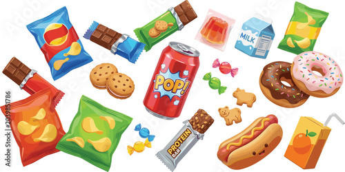 Fotografi Collection of various junk food snacks including chips, chocolate bars, soda, do