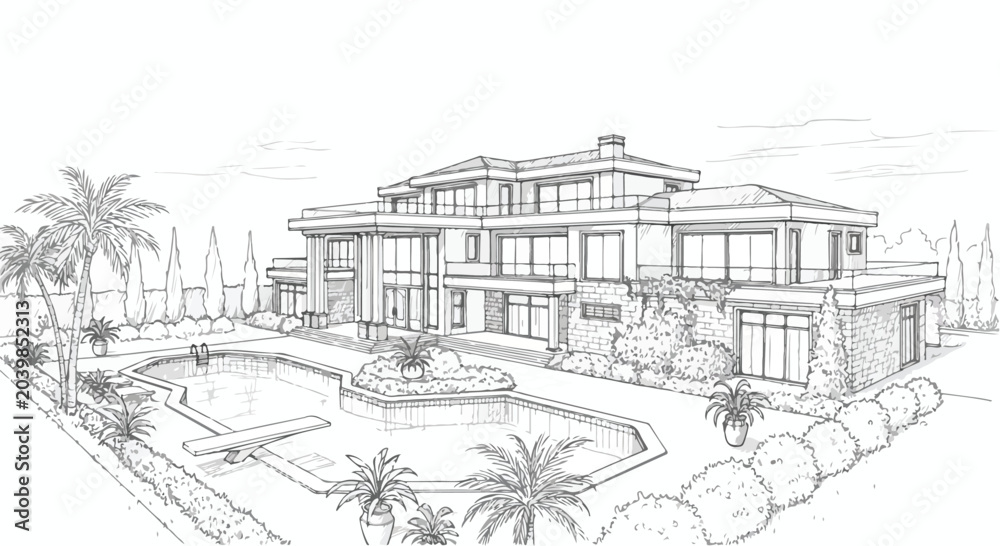 Obraz premium Luxury Mansion Architectural Sketch Vector Illustration with Pool