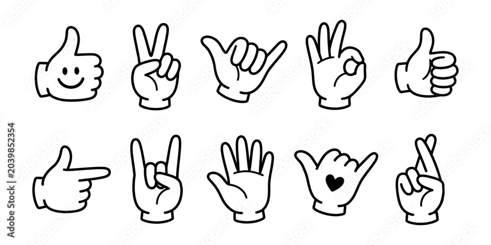 Fototapeta premium Cartoon hand gestures vector icons set. Minimalist line art outline emojis with thumbs up, peace, ok, and rock sign symbols for graphic design