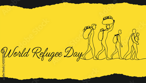 Quadro su tela Continuous line art depicting refugees walking on bright yellow background