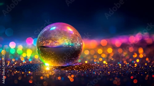 Rainbow Orb Shimmers with Glittering Bokeh Lights in Dark Scene.