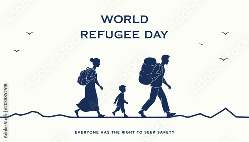 Bild auf Leinwand Silhouette of a refugee family walking together for world peace day