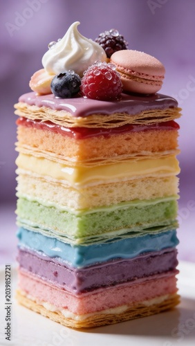Close up macro shot of a colorful rainbow layer cake slice topped with yellow macarons, pink meringue, fresh raspberries and blueberries against a purple background.
