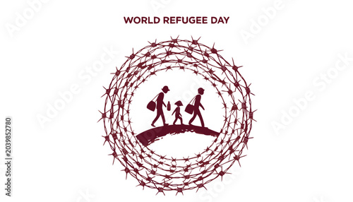 Bild auf Leinwand Silhouette of refugees walking inside a circle of sharp barbed wire