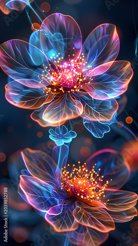 Neon glowing vibrant flower displaying vibrant neon bioluminescence that illuminates every glowing petal, vibrant neon glow creates powerful visual energy in bioluminescent floral scene.