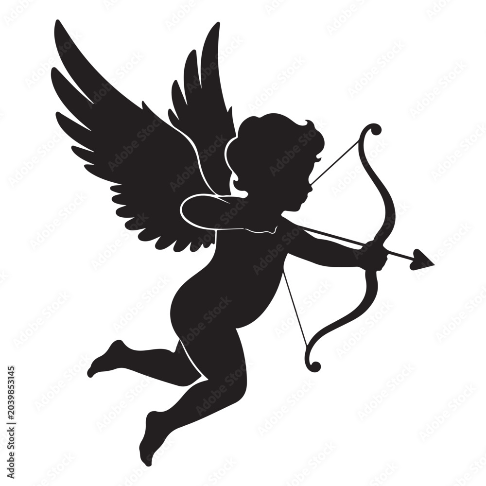 Fototapeta premium Cupid silhouette aiming bow and arrow for Valentine's Day and romantic wedding design
