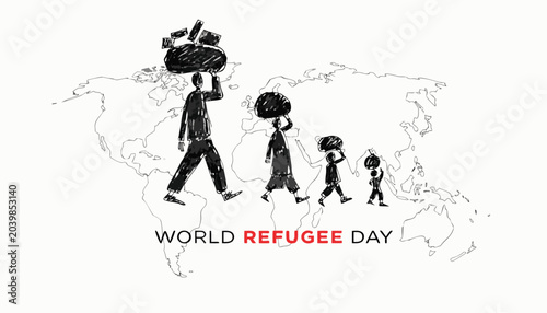 Tableau sur toile Sketch illustration of a refugee family walking across a map
