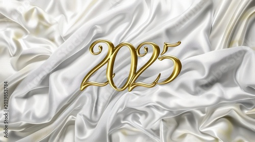 Golden Number 2025 on Luxurious White Satin Fabric for New Year Celebration