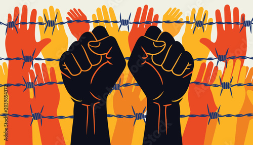 Cuadro en lienzo Black raised fists behind sharp barbed wire depicting human rights struggle