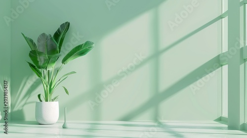Green Potted Plant with Large Leaves on Bright Sunlit Windowsill in Minimalist Room