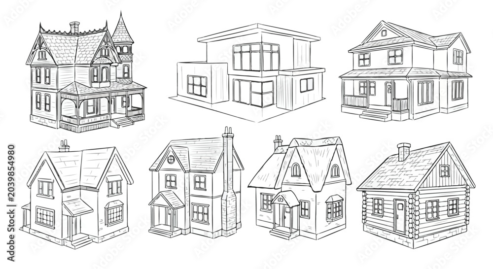 Fototapeta premium Various House Styles Line Art Illustration Vector Collection