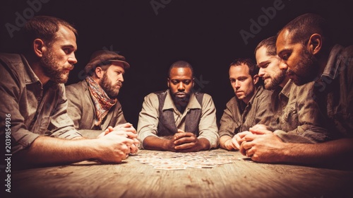 Group of Diverse Men Sitting at Table Playing Card Game in Dim Lighting