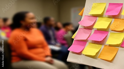 Group of Diverse People Attending Workshop with Sticky Notes on Whiteboard in Classroom