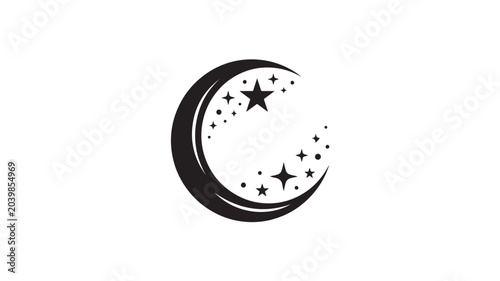 A crescent moon shines brightly with stars in the night sky in an illustration.	