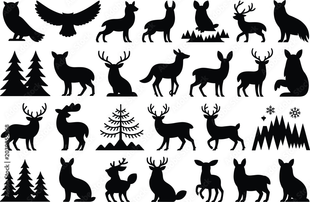 Obraz premium Collection of flat design forest animals and winter landscape elements on white background
