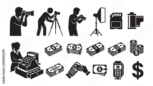 Photographers capture business transactions with money and media equipment.	