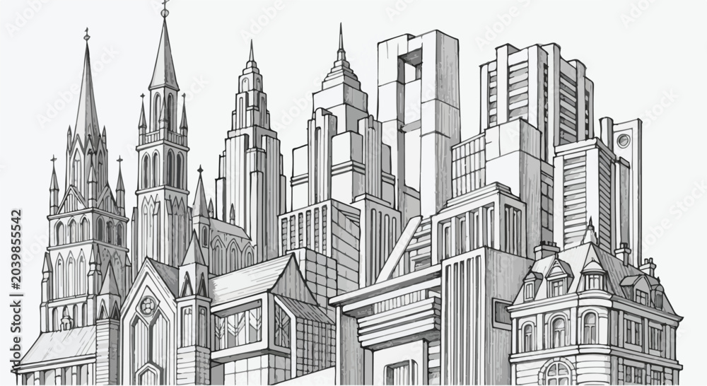 Obraz premium Architectural Cityscape Sketch Vector Illustration with Gothic Church